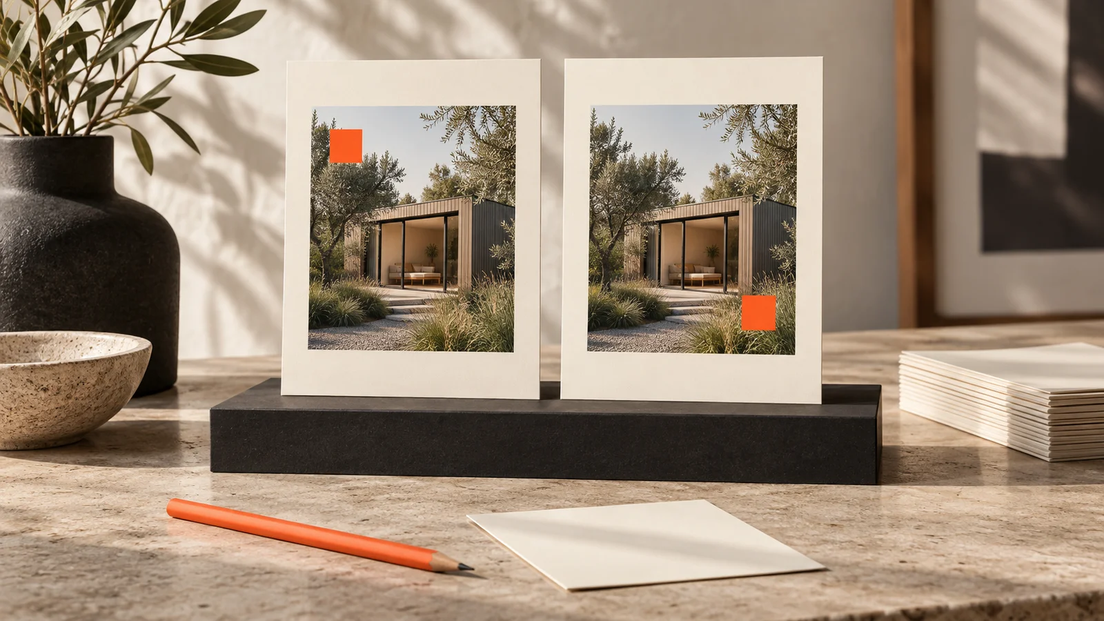 Two cream advertising concept cards showing a garden studio with different orange accents, arranged on a charcoal plinth beside a pencil