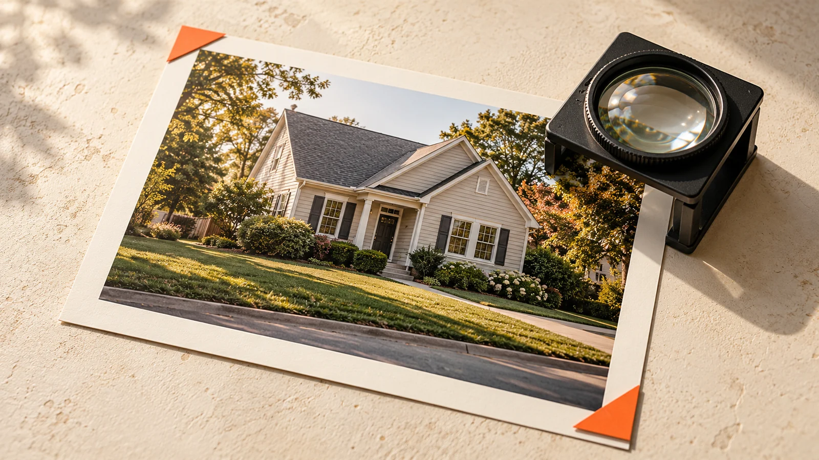 A photographer's charcoal loupe rests over a fictional suburban-house print with orange corner markers on a cream surface.