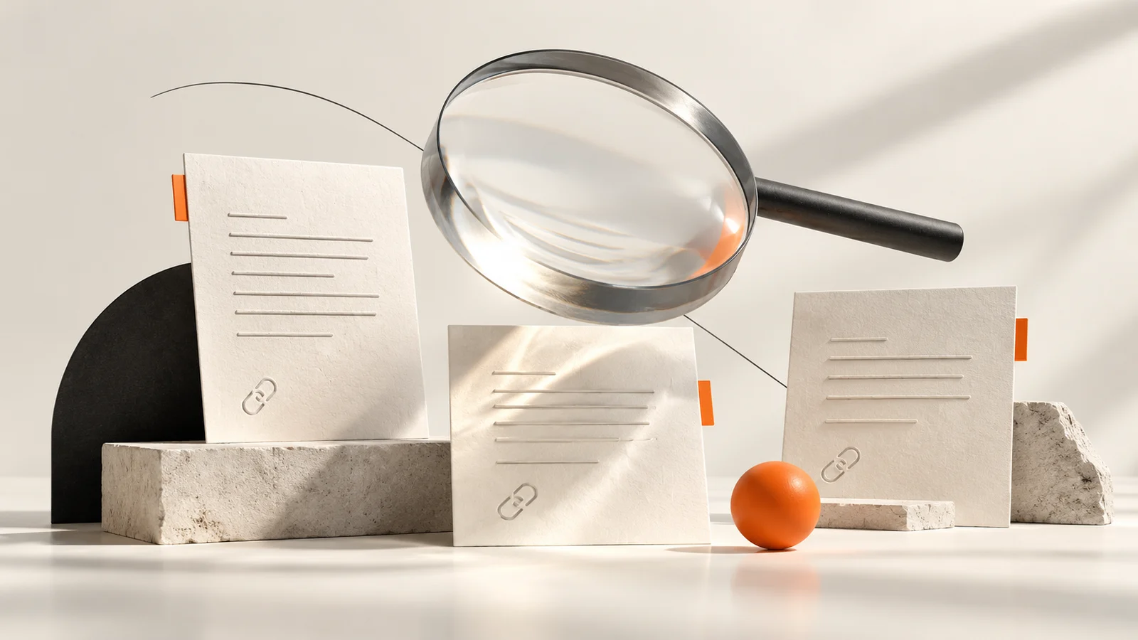 A glass magnifying lens above linked cream document cards with orange accents