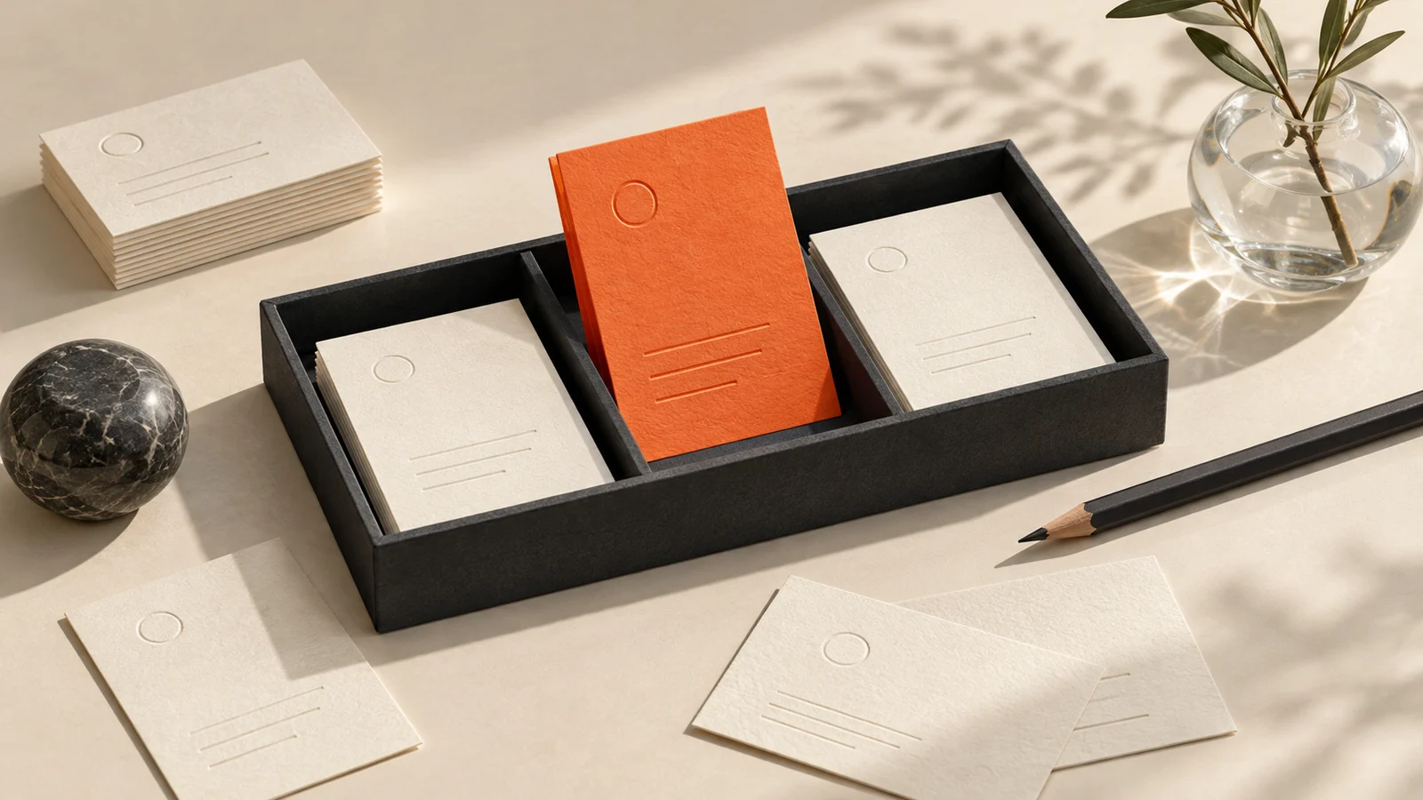 Cream contact cards arranged in a charcoal sorting tray with one orange card standing upright on a sunlit desk