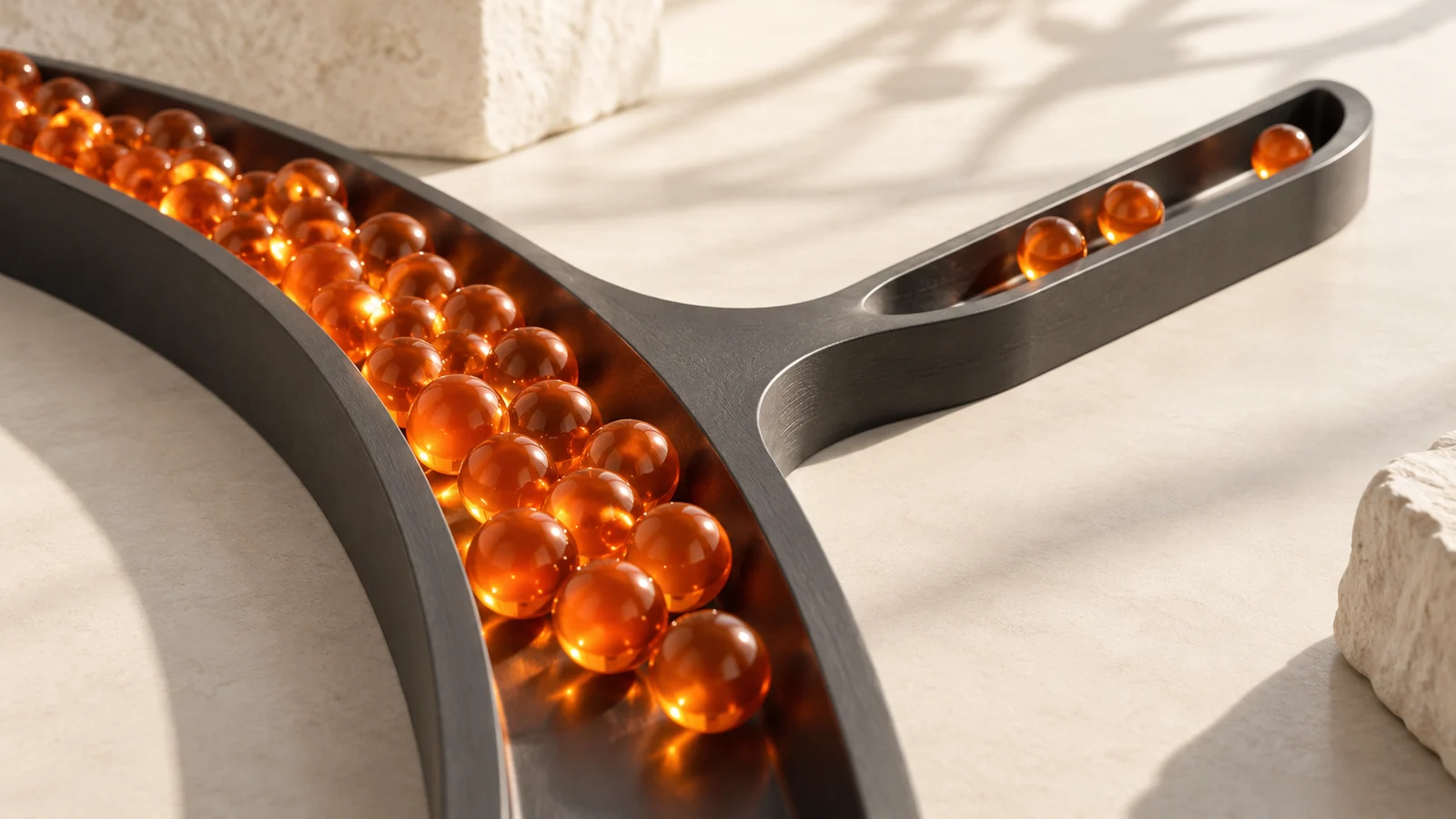 Orange glass beads arranged in a broad charcoal channel and a smaller branch on a cream surface, illustrating resource allocation