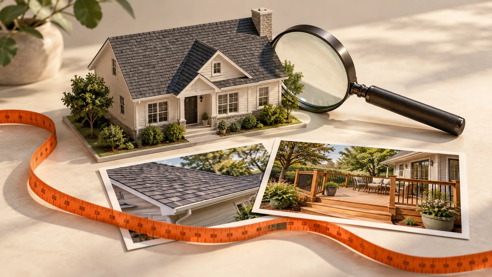 A miniature suburban home, charcoal magnifying glass and fictional roofing and deck photographs beside an orange measuring tape on a cream workbench.