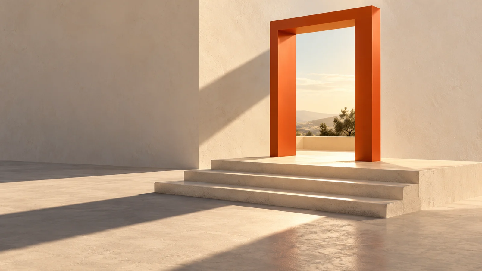 An orange doorway above broad cream steps, with sunlight and long shadows, representing a clear next step.