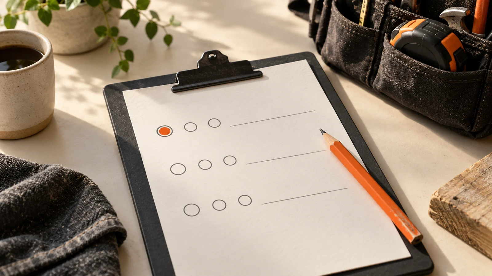 A charcoal clipboard with three rows of unlabelled response marks, an orange pencil and a trades tool bag on a warm cream desk