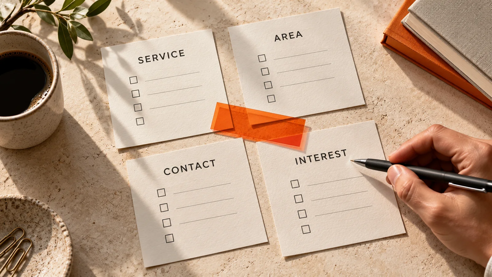 Four cream cards labelled Service, Area, Contact and Interest on a desk, with an orange strip and a hand holding a pen.