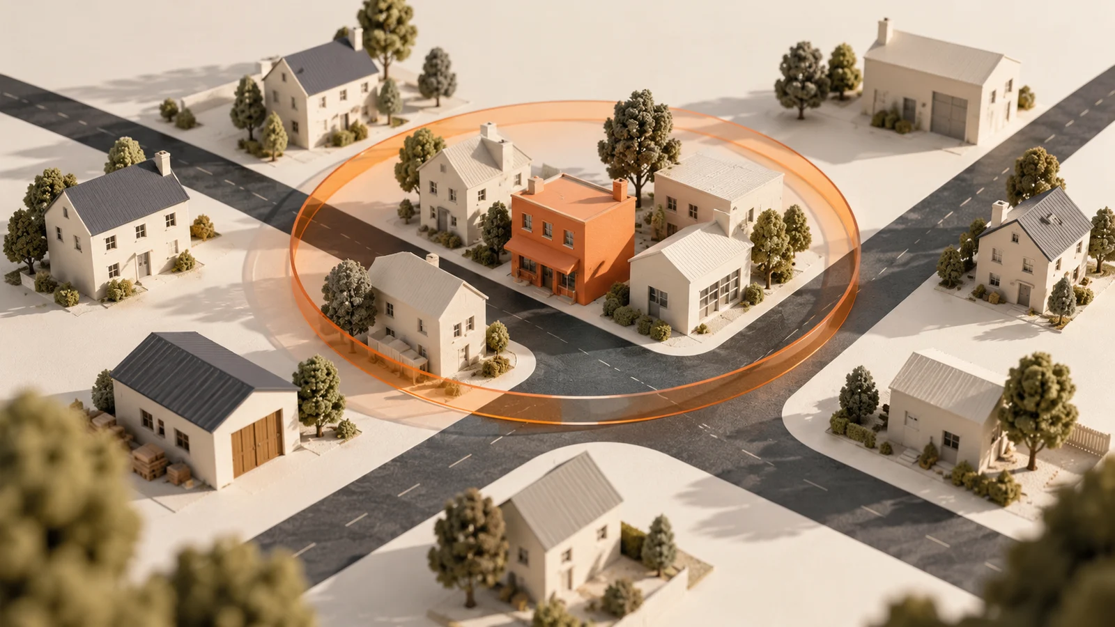 Cream model houses and workshops on charcoal roads, with an orange circular ring marking a conceptual service area around a central orange building