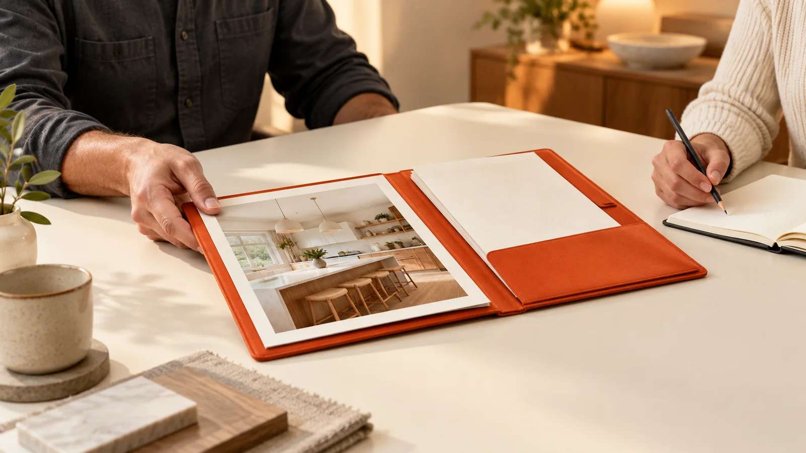 Two people review an orange folio with blank briefing pages and a fictional kitchen-project photograph at a cream meeting table.
