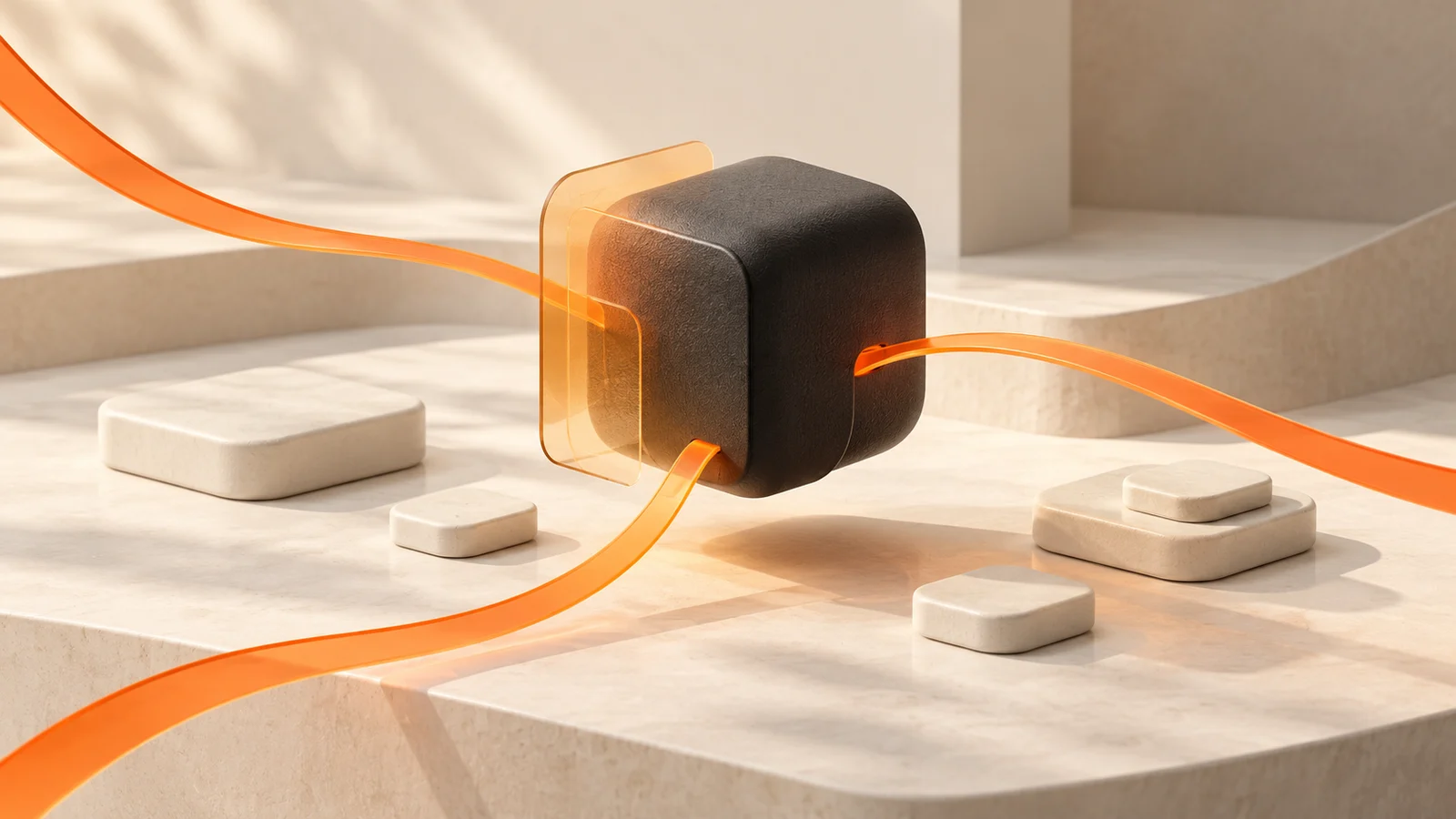 Orange translucent paths converge around a charcoal geometric core on cream architectural surfaces