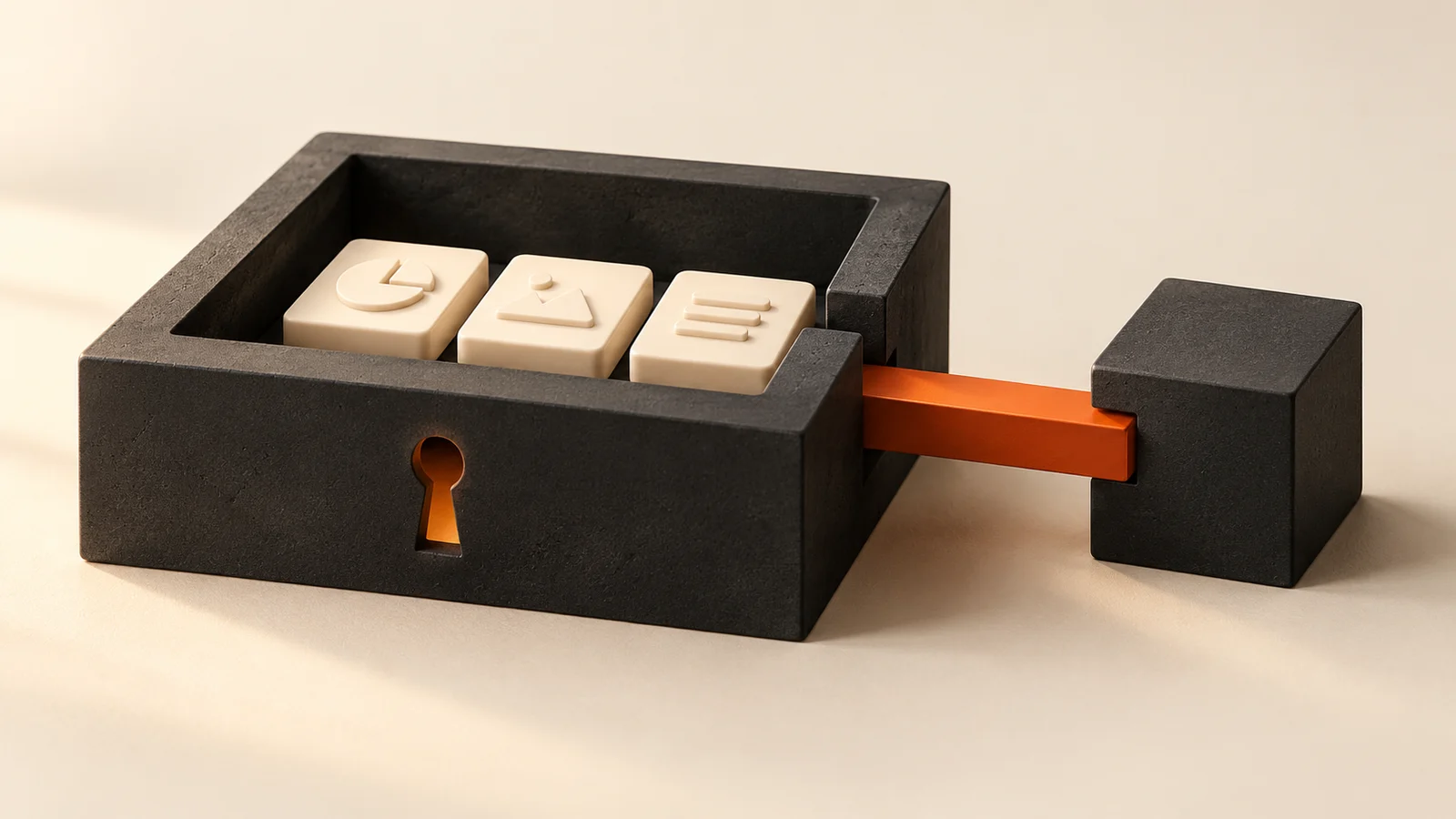 Charcoal enclosure holding cream asset tiles, connected to a smaller partner block by an orange bridge.
