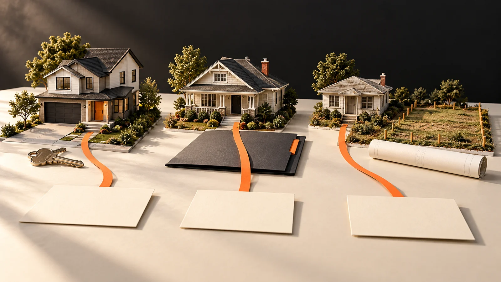 Three detailed model American houses and a land parcel on a cream tabletop, with separate orange paper paths leading to blank enquiry cards.