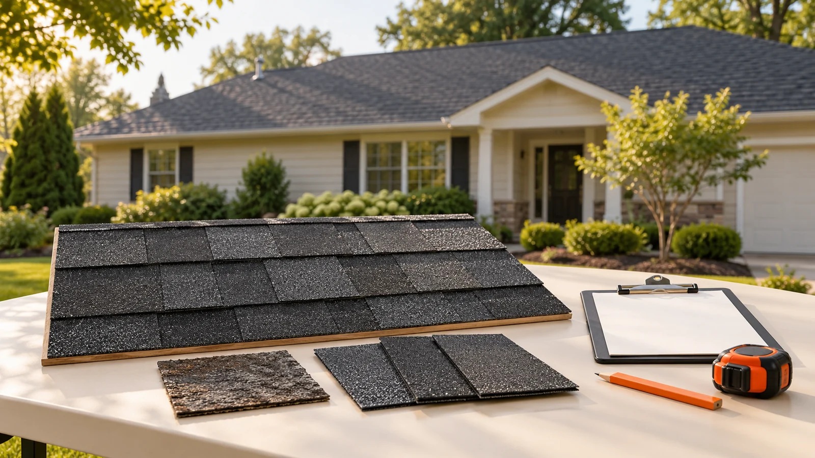 Charcoal roof-shingle samples, a blank clipboard and orange measuring tools on a worktable in front of a fictional American suburban home.