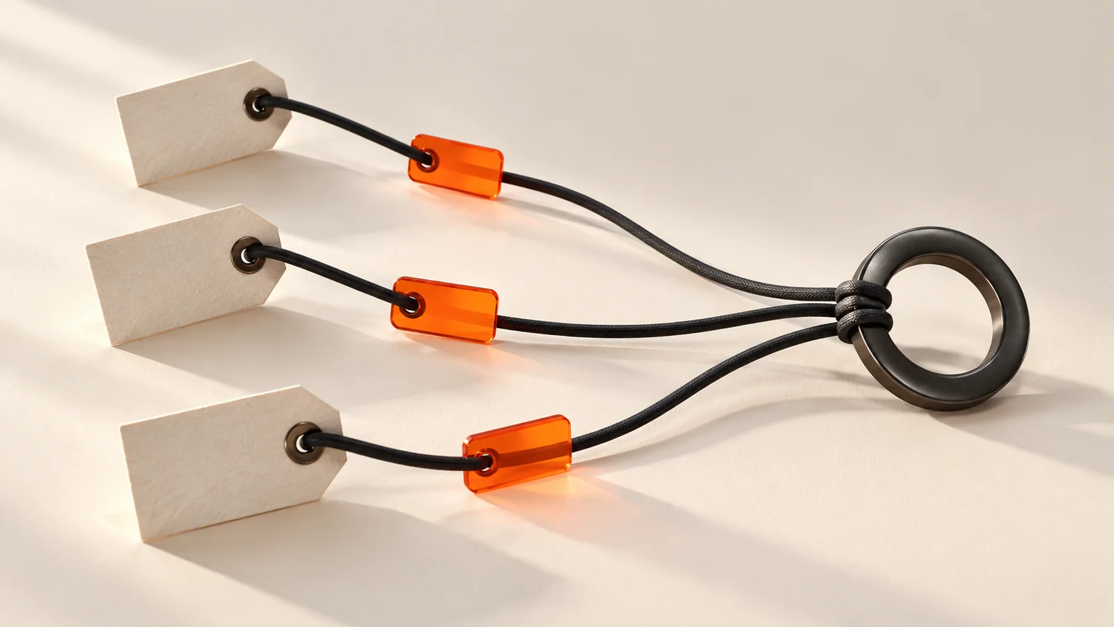 Three charcoal strands with orange tags lead towards a dark ring on a cream surface, representing labelled campaign paths.