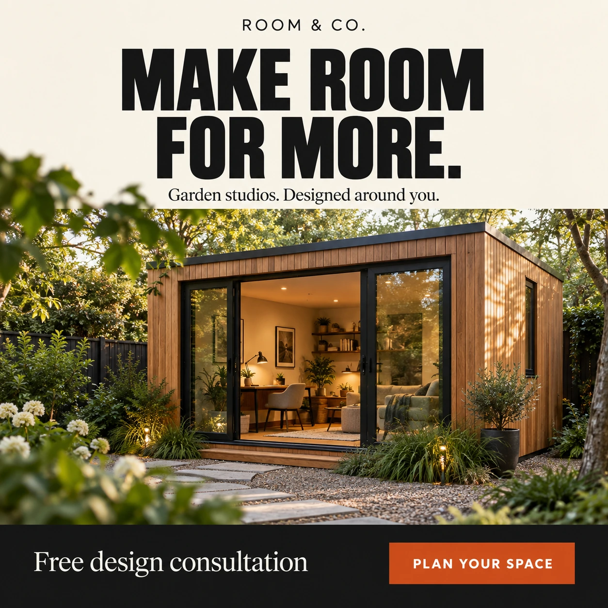 Illustrative Room & Co. garden-studio ad: Make room for more. Free design consultation. Plan your space.